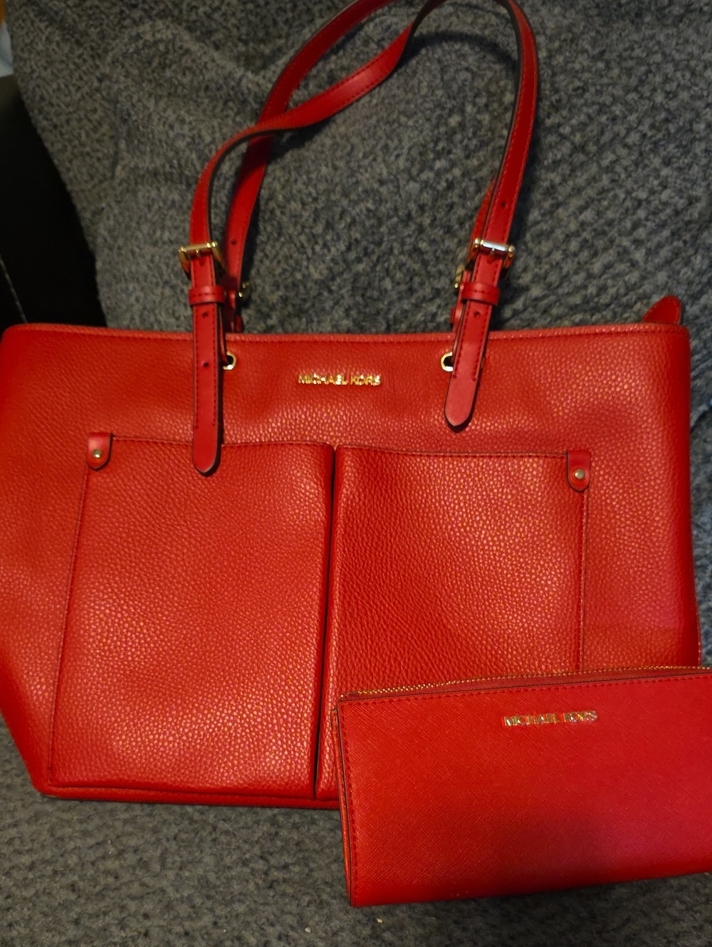 Michael Kors Red Pebbled Leather Tote with Matching Wallet